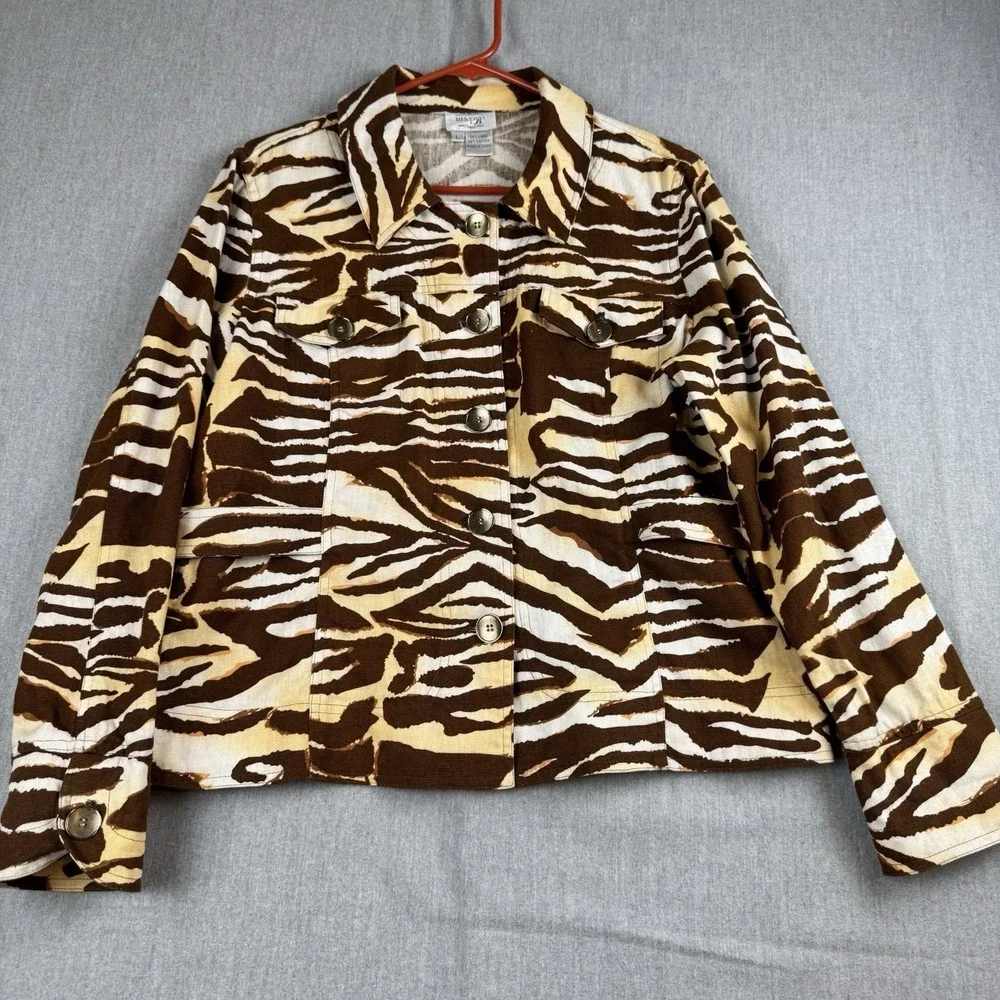 Just B Women's Linen Cotton‎ Denim Jacket Size Large Animal Print Blazer Jacket